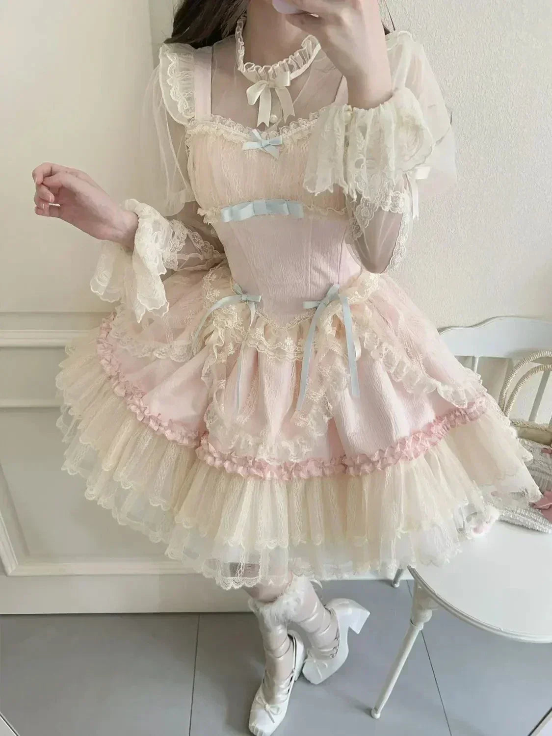 Summer Sweet Lolita Y2k Mini Dresses Women Lace Patchwork Short Sleeve Elegant Bandage French Vintage Short Party Dress Female