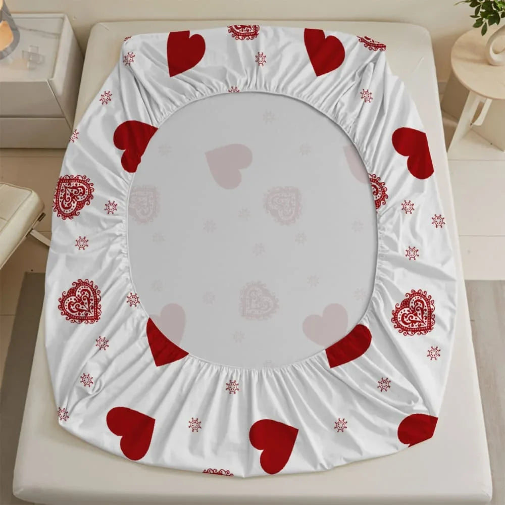 1pc Red Hearts Print Fitted Sheet Deep Pocket Elastic Mattress Cover