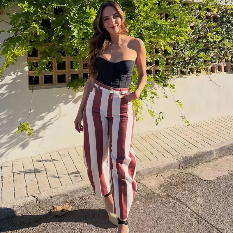 HXAO Women's Jeans Striped Denim Pants Women's High-waisted Jeans Baggy Wide Leg Long Trousers Casual Streetwear Female Bottoms
