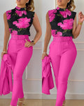 New Fashion Elegant Sleeveless Print High Waist With Belt Shirt And Pant Casual Fashion Two Piece Set