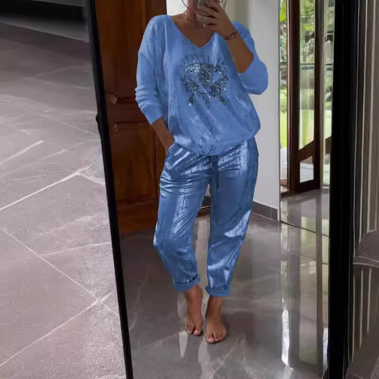 Plus-size Suit Women's Casual Fashion Metal Eye Decoration Long-sleeved Shirt Casual Pants Plus-size Women's Clothing 2025