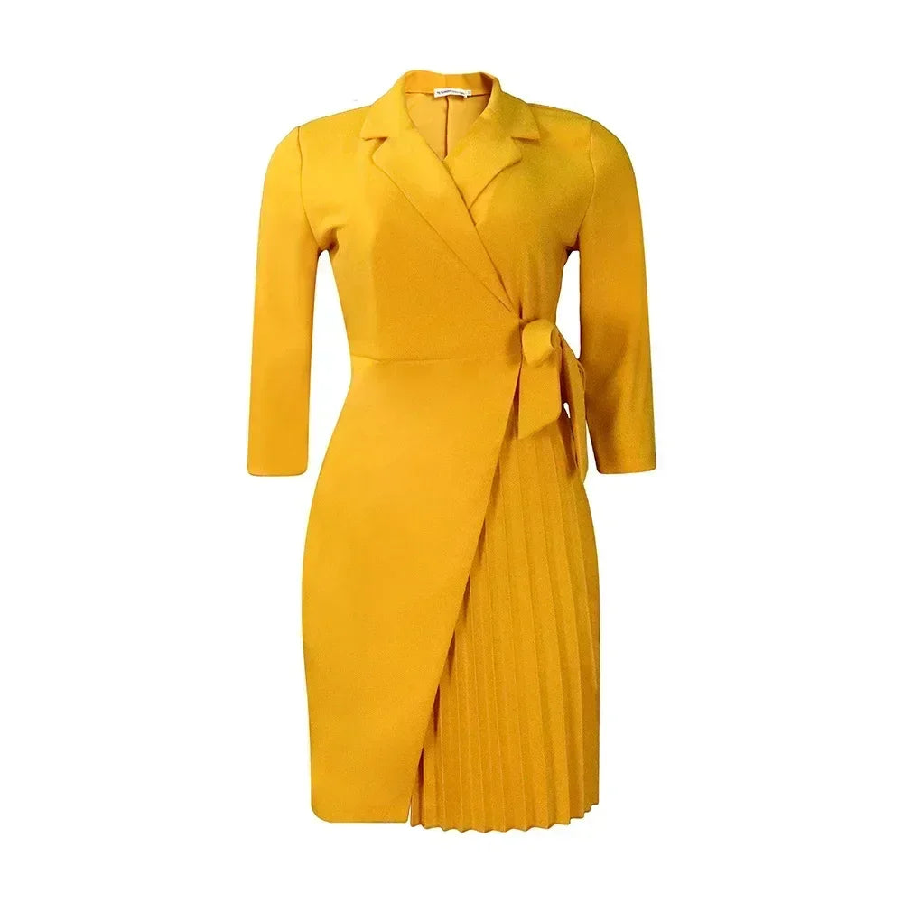 Women  Solid Plus Size Folds Dress Neck Pleated Blazer Style Dress Office Vintage Sexy Lady Belt Party Tight Curvy Short Dress