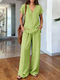 Loose Summer Trousers Set Solid Color Simple Daily Comfortable V-neck Short-sleeved Pullover Top Wide-leg Trousers Two-piece Set