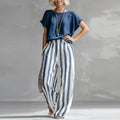 Vintage Women Two Piece Set O Neck Loose Short Sleeve Women T-Shirts Striped Printed Pants Suit Women Summer Casual Outfits
