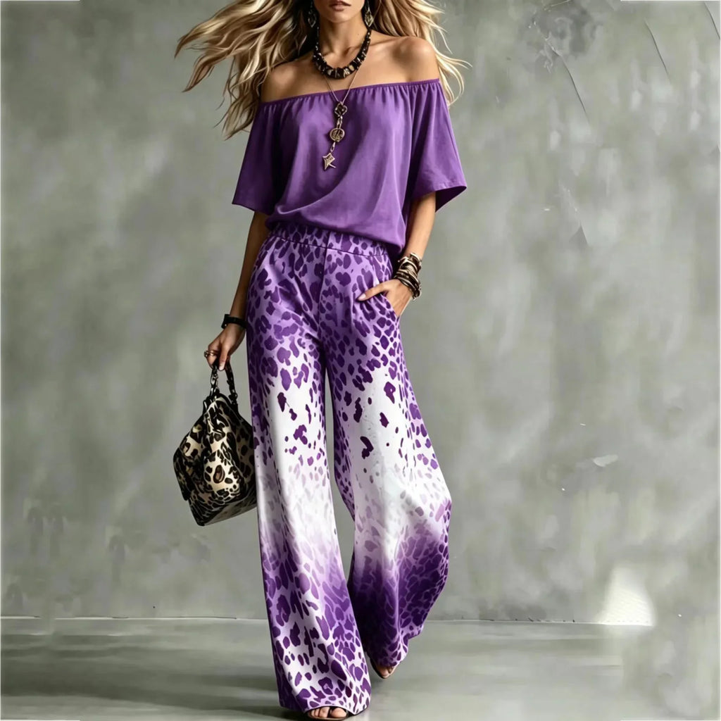 Summer Women Off Shoulder Short Sleeve Top Gradient Leopard Print Wide Leg Pants Two Piece Boho Casual Fashion Matching Suit New