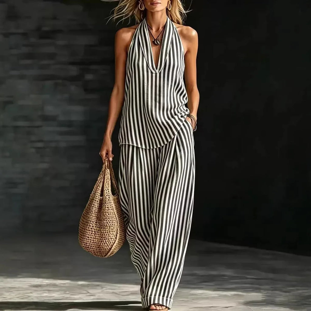 Women's Casual Two-piece Set Spring Summer Striped Wide-leg Pants Halter Top Cotton And Linen Two-piece Set For Women Clothing