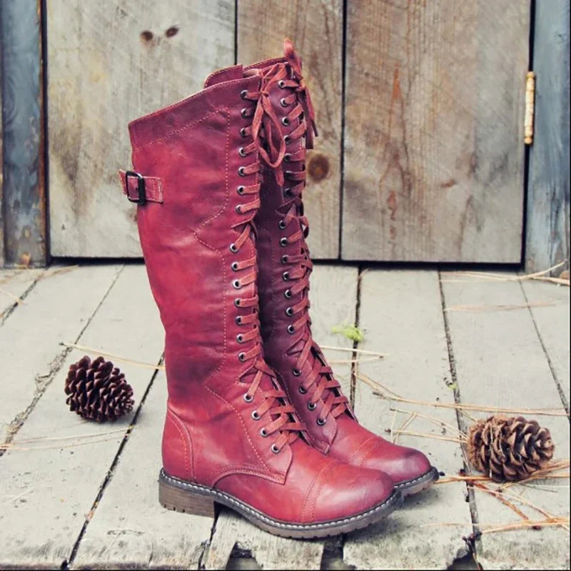 Women Knee High Boots Autumn Winter Lace Up Flat Shoes Sexy PU Leather Shoes Retro Buckle Women Shoes Fashion Black Knight Boots