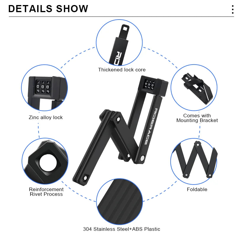 RIDERACE Foldable Bicycle Password Lock Portable Anti-Theft MTB Mountain Bike Scooter Electric E-Bike Road Cycling Folding Locks