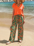 2026 Summer Women 2 Piece Outfit Set V-Neck Short Sleeve T-Shirt + Floral Print Wide Leg Pants Casual Beach Vacation Two Piece T