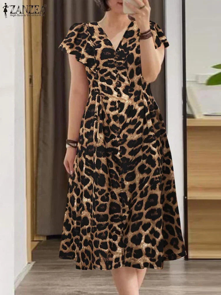 ZANZEA Summer Stylish Printed Sundress Elegant Slim Dress Woman Short Sleeve V-Neck Dresses Female Vintage Party Robe Oversized