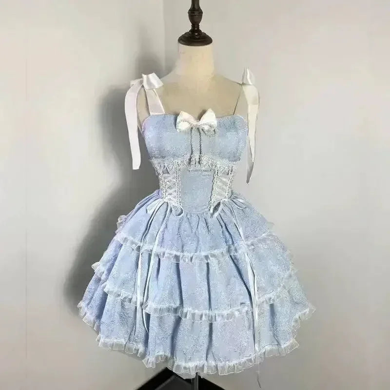 2025 Women Kawaii Ruffles Bow Suspender Princess Dresses Gothic Lolita Jsk Mini Dress Girl Sweet Fairy Party Trailing Dress