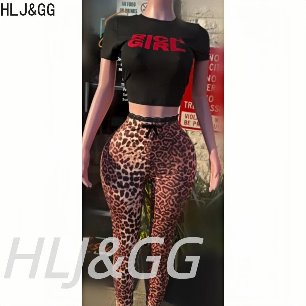 HLJ&GG Y2K Fashion Letter Print Slim Top Two Piece Sets Women O Neck Short Sleeve Crop Tshirts And Leopard Print Pants Outfits
