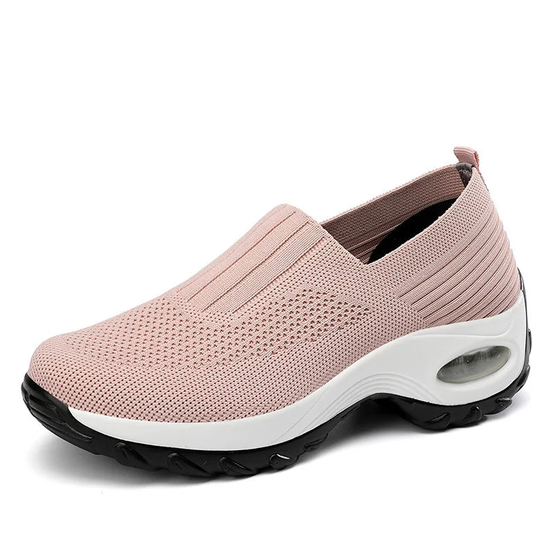 Breathable Mesh Slip-On Sports Shoes Comfortable Thick Bottom Heightening Walking Shoes for Women Casual round Toe Rubber Sole