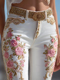 Women's Fashion Floral Jeans Straight Leg Denim Pants European American Style