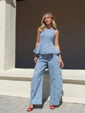 Denim Printed Sleeveless Pants  2-piece Set Women's Elegant Round Neck Fashion Short Shirt Long Pants Suits 2026 Street Outfit