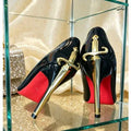 2026 New Red Sole High Heels Women's Thin Heel Pointed Toe Metal Sword Sexy Lady Black Painted Leather Single Shoes