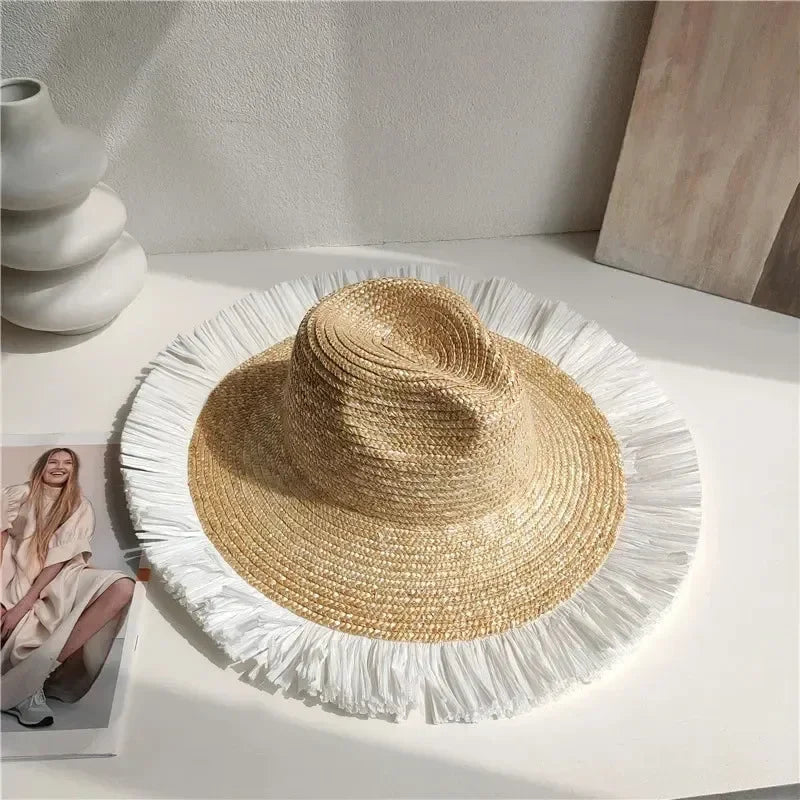Straw summer hat French elegant ladies seaside travel sun hat Hepburn style wide brim hat  햇빛가리개 모자 모자