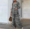 Autumn Fashion Leopard Print Women's Suit Two-piece Retro Street Print Casual Loose Long-sleeved V-neck Top Wide-leg Pants Suit