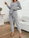 Casual V-neck Knitted Pit Strip T-shirt Long-sleeved Womes Suit Autumn Winter New Slim Fit Trousers Female Home Wear 2-piece Set