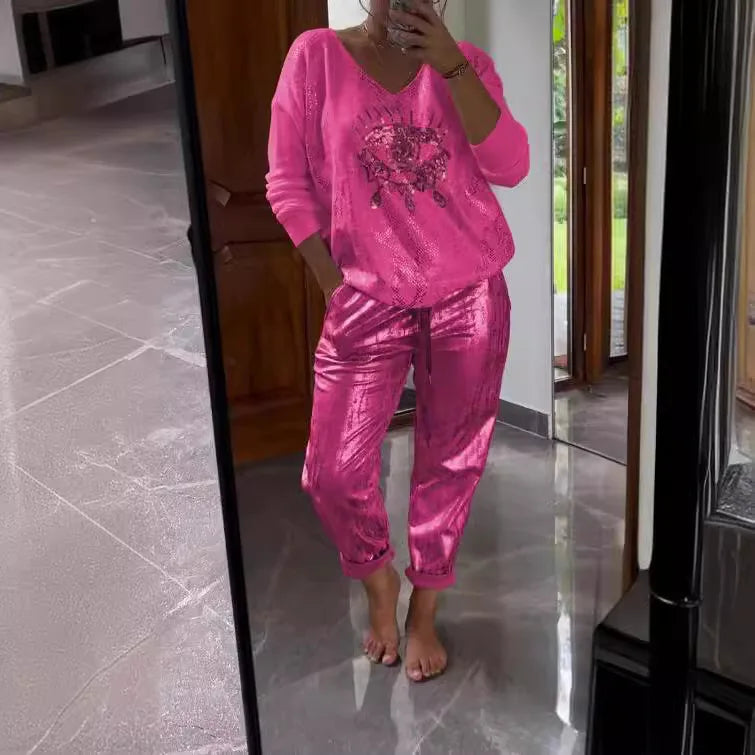 Plus-size Suit Women's Casual Fashion Metal Eye Decoration Long-sleeved Shirt Casual Pants Plus-size Women's Clothing 2025