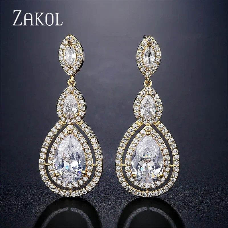 ZAKOL Luxury Water Drop Cubic Zircon Long Dangle Earrings for Women Bridal Wedding Jewelry Dress EP2114