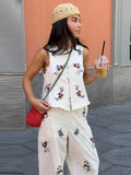 Casual Print Top Pants Women Set Elegant O-neck Sleeveless Button Vest Wide Leg Trousers 2026 Summer Beach Lady Outfit Suit