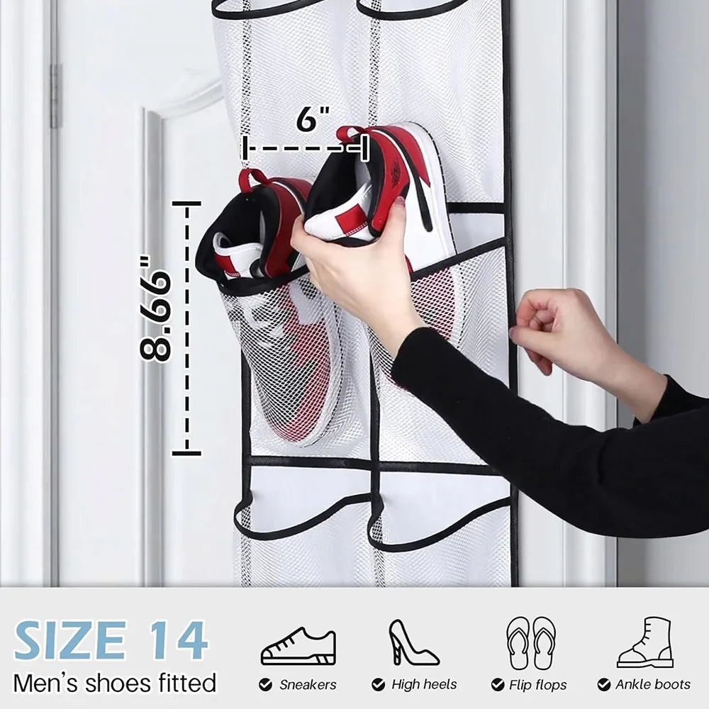 12 Pockets Over the Door Shoe Organizer Large Mesh Pockets with 2