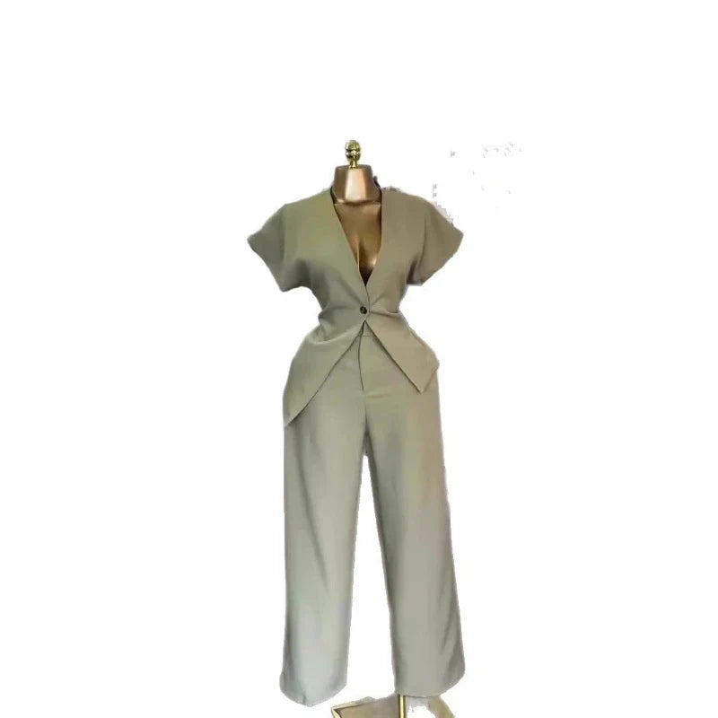 Women Pant Set Two Piece Sets V Neck Short Sleeve Tops Wide Leg Long Pants High Waist Y2k Streetwear Elegant Summer 2026