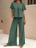 2026 New Solid Green Women Loungewear Set Round Neck Crop Short Sleeve Top Elastic Waist Wide Leg Pants Casual Two Piece Pajamas