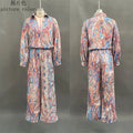 Boho Paisley Print Two-Piece Set for Women Sexy V-Neck Long Sleeve Blouse Top & Wide Leg Pants Casual Loose Suit for Vacation