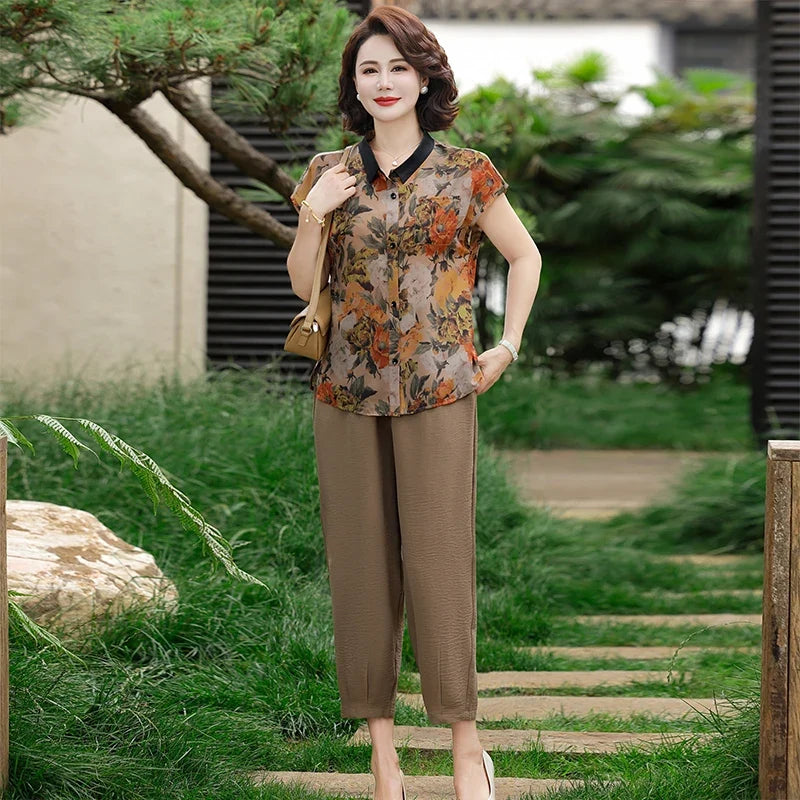 Summer 2025 Plus Size Cotton Linen Comfortable Women's Two-piece T-shirt+pants Buttoned T-shirt Set Outdoor Retro