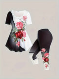 Plus Size Large Casual Set, Summer New Contrasting Rose Flower Print Oversized Round Neck T-Shirt Pants, Slim Fit Two-Piece Set