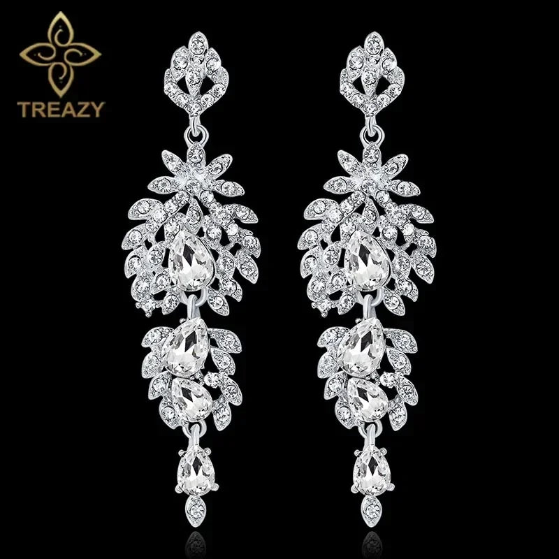 TREAZY Fashion Crystal Wedding Drop Earrings for Women Silver Color Bridal Dangle Earrings Brides Gifts Birthday Party Jewelry