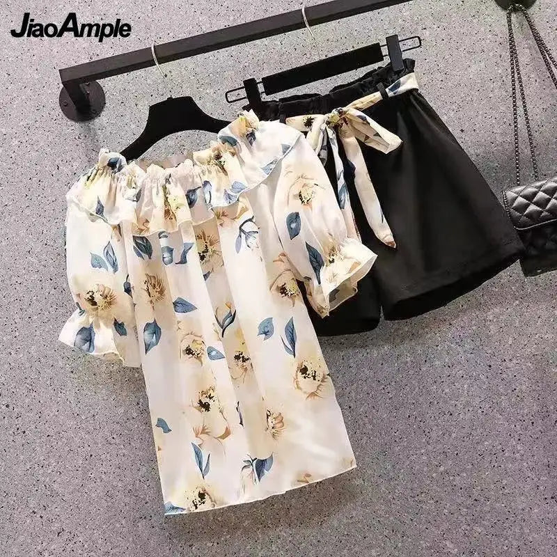 Women's Summer Shorts Suit 2026 New Casual Printed Shirt Top Pants Two Piece Korean Fashion Elegant Short Sleeve Blouse Set