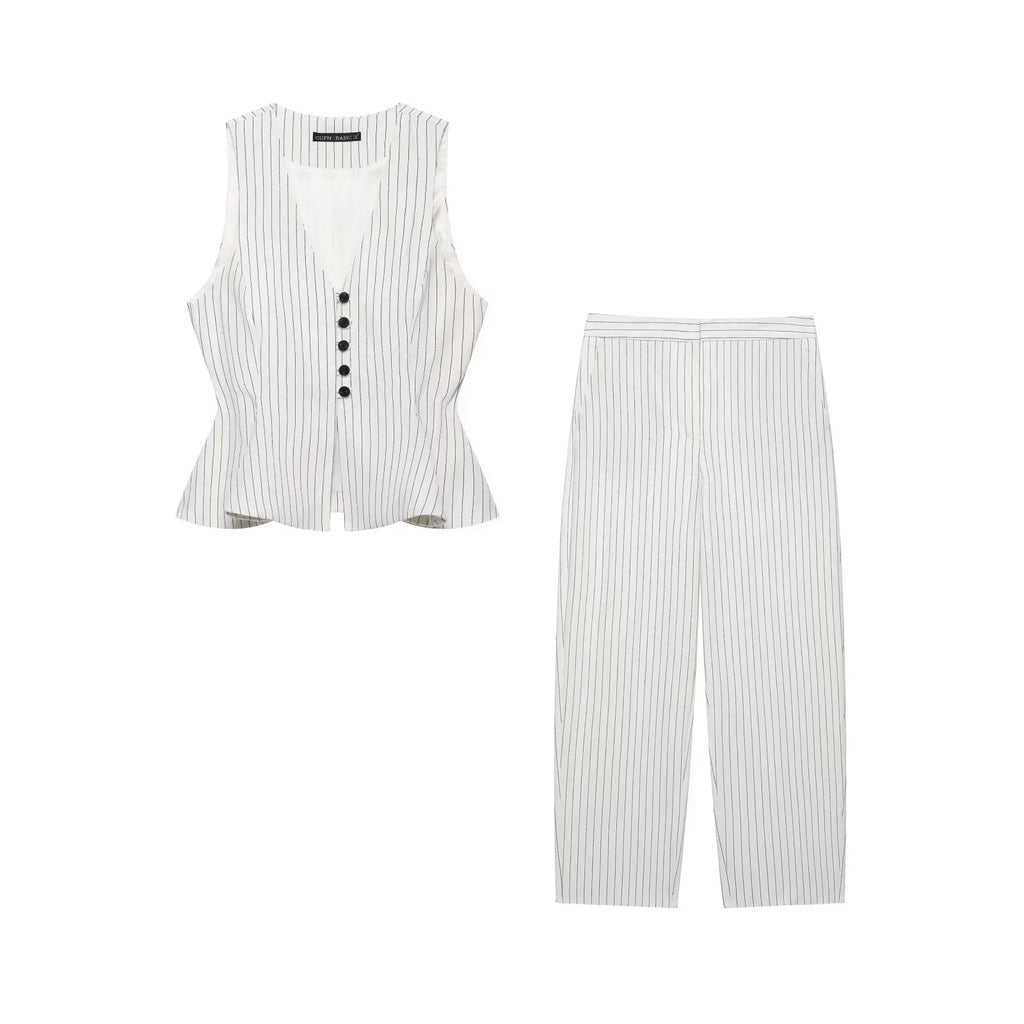 Women Fashion Stripe Sets Sexy Sleeveless Button Fold Hem Top+Wide-Leg Pants Summer Autumn Vacation Leisure New 2 Pieces