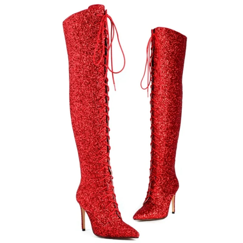 Luxury Gold Silver Red Over the Knee High Boots Sequined Sexy Nightclub Dance Party Shoes Ladies Lace-up Long Boot Large Size 48