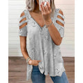 Plus Size V-Neck Zipper Print Sexy Hollow Short Sleeve Loose Casual T-Shirt Women's Tops