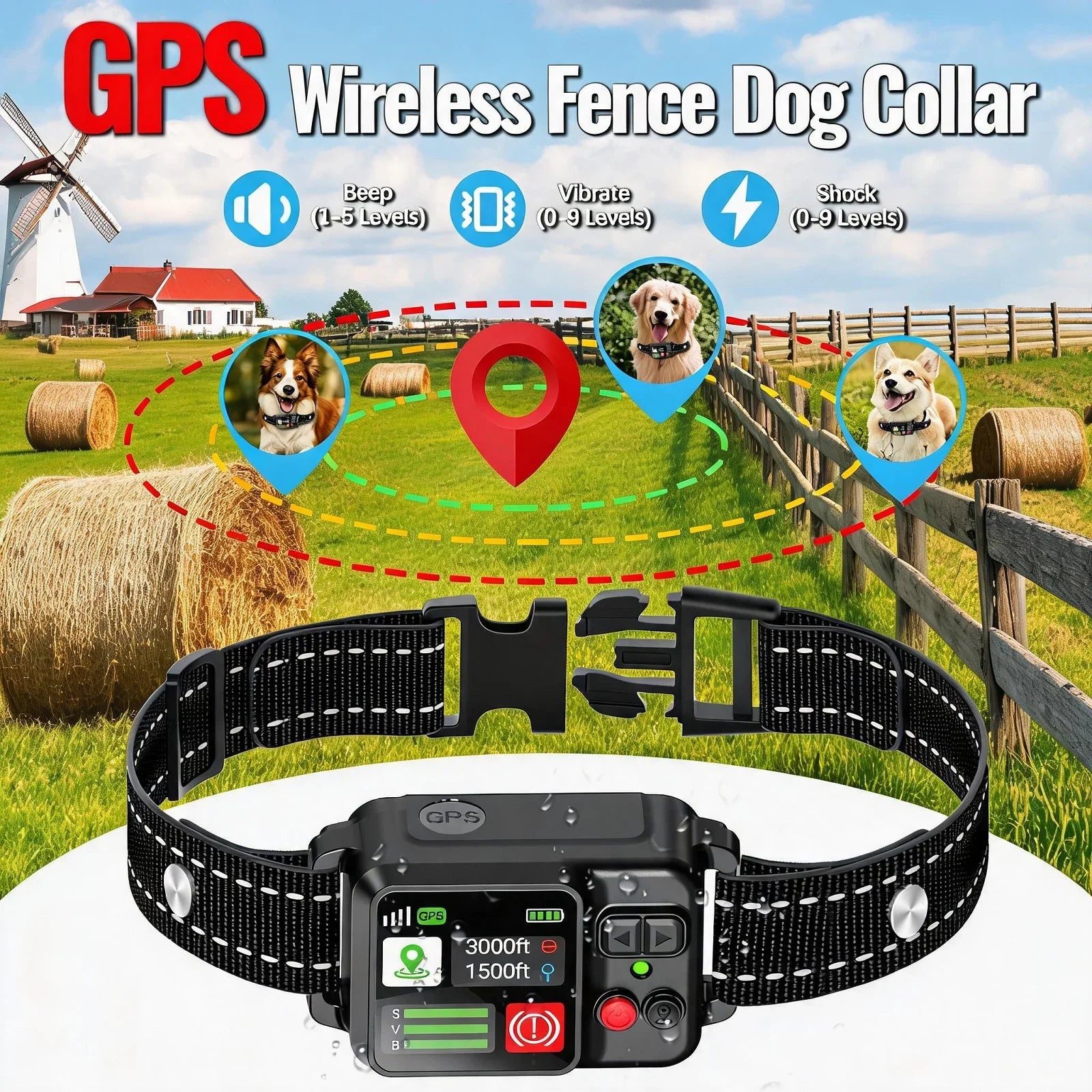 Orcleab Wireless Dog Fence GPS Dog Collar IP67 Waterproof Electric Shock Pet Containment System 3 Training Mode Free-Form Fence