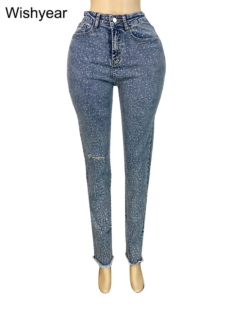 Fashion Skinny Stretch Jeans for Women Luxury Diamonds Hole Pencil Pants High Waist Washed Streetwear Y2k Streetwear Trousers