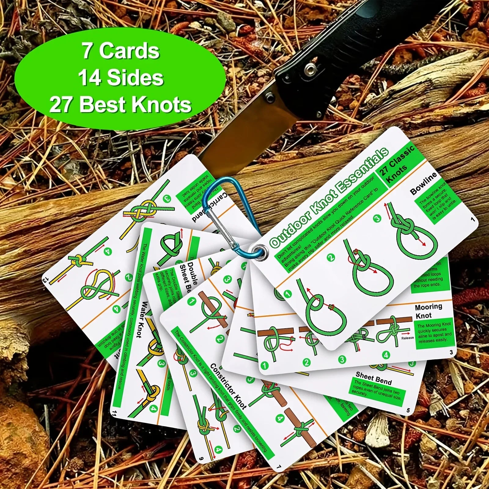 27 Knots Camping Hiking Guide Cards Set, Durable PVC Portable Reference with Carabiner Keychain, for Tent Setup & Outdoor Usage.