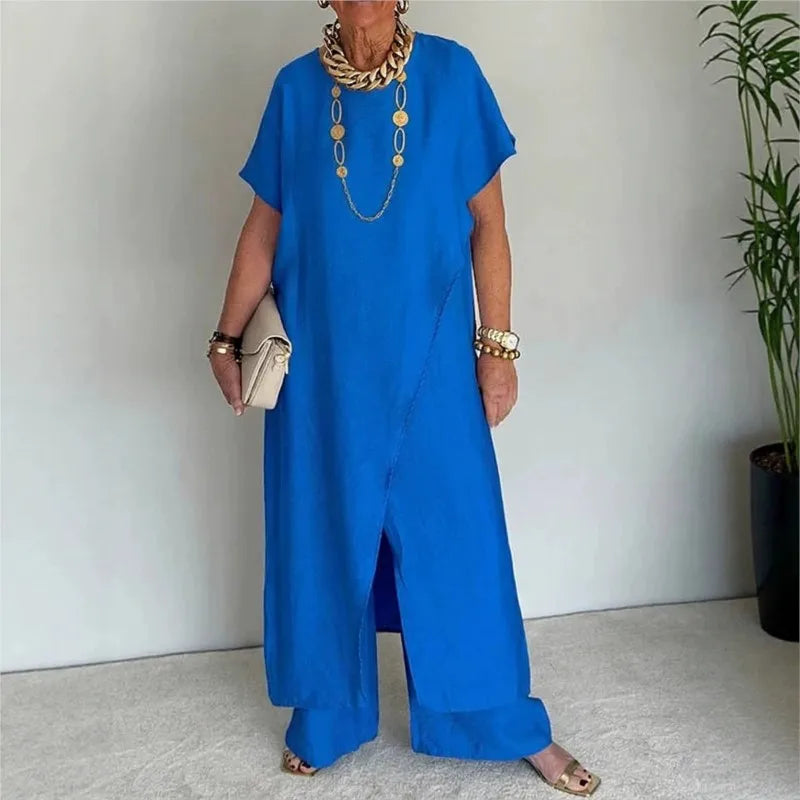Loose Irregular 2 Piece Set for Women Short Sleeve Round Neck Long Top + Wide Leg Pants Casual Outdoor Commuting Versatile Suit