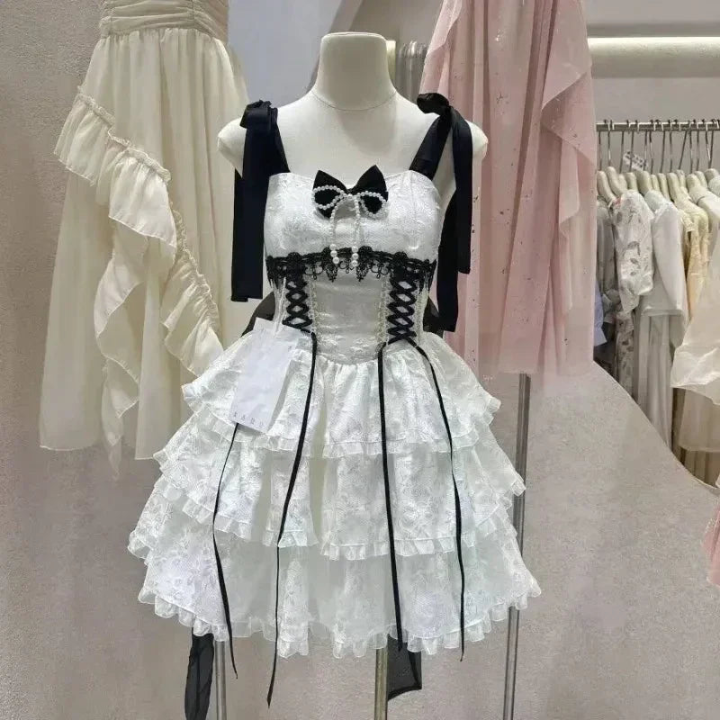 2025 Women Kawaii Ruffles Bow Suspender Princess Dresses Gothic Lolita Jsk Mini Dress Girl Sweet Fairy Party Trailing Dress