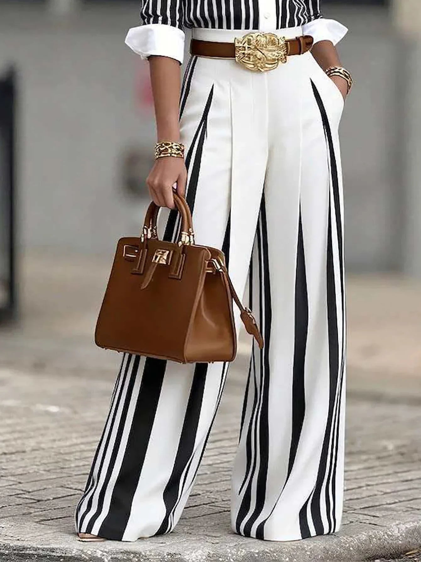 Women Fashion 2-Piece Set Striped Button Down Long Sleeves Shirt High Waist Striped Wide Leg Pants Elegant Office Outfit