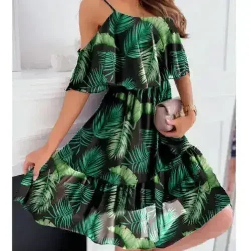 Cold Shoulder Chiffon Beach Dress - Flowy Ruffle Summer Dress