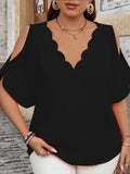 Elegant Off-Shoulder Wave V-Neck T-Shirt - Solid Color Plus Size Women's Blouse, Fashion Casual Short Sleeve Summer Top