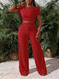 Casual Sports Set For Women Sexy Slim Short Sleeve O Neck Tops+High Waist Wide Leg Pants 2 Piece Sets Women's Clothing Holiday