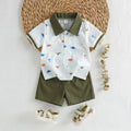 Baby Boy Polo 2‑Piece Set, Printed Lapel Short‑Sleeve Top With Solid Color Shorts, Casual Outfit For Summer Trip