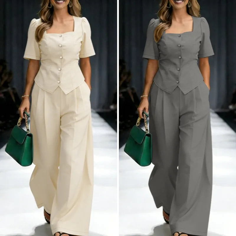 2PCS Women OL Work Outfits ZANZEA Summer Square Neck Short Sleeve Blouse Wide Leg Pant Sets Solid Color 2 Pieces Sets Tracksuit