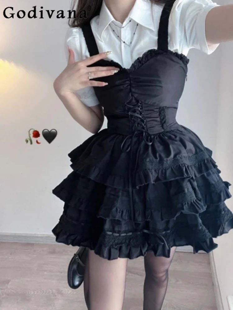 Large Size Cute White Turn-down Collar Short Sleeve Shirt Girl Black Ruffles Splicing Lace-Up A-line Cake Suspender Dress Sets