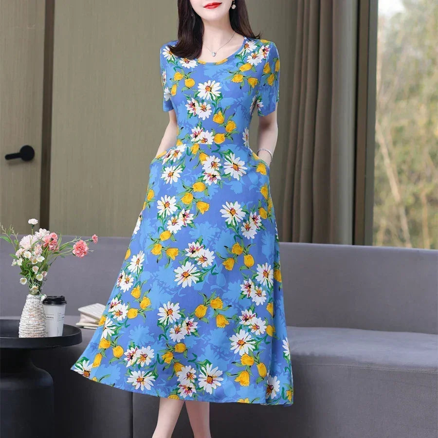 New Fashion Casual 2024 Summer Elegant Dresses For Women O-Neck Print Vintage Short Sleeve Dress Loose Women Clothing